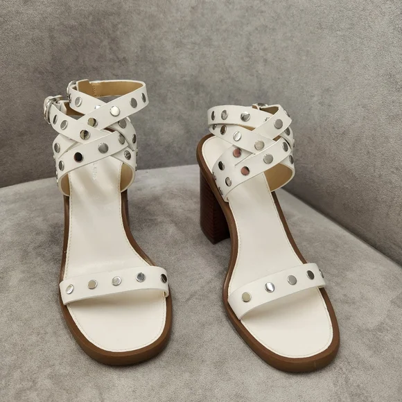 Michael Kors Heeled Sandals 7.5 White Woven Leather Irene Studded Silver New$195